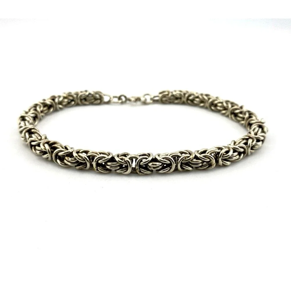 Vintage Sterling Silver Byzantine Chain Bracelet 9.25 Inch 6mm Unisex Handmade S